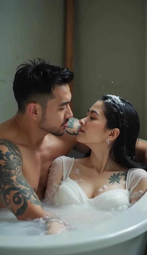 A handsome handsome handsome hunk tattooed shirtless again sits in the bathtub while playing soap foam with a beautiful face Indonesian woman Professional living  , 4k, HD, UHD, 8K,  High detail ,        ultra definition 