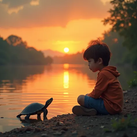 A boy sitting by the river at sunset, looking regretful as he releases a small turtle into the water. The turtle swims away peacefully, while the boy gazes into the distance, reflecting on his actions. The background features a calm river and a glowing ora...