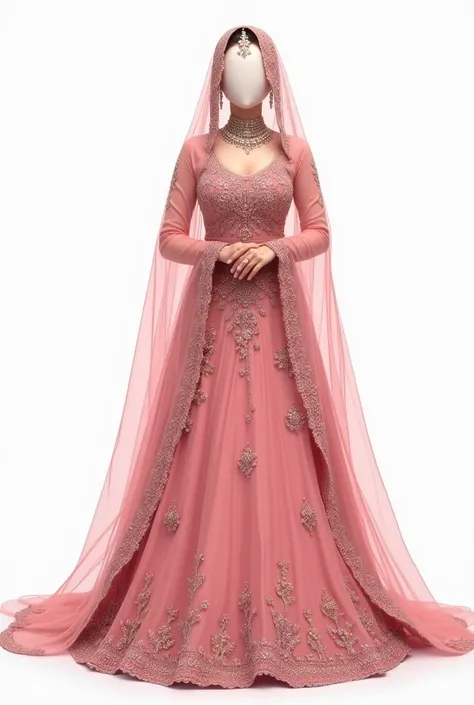 A digital Illustration hand drawn of Pakistani a bride wearing pink gorgeous heavy stone work net sari with veil and having no eyes, nose ,lips.posing in a standing position. With  minimal jewelry . Modest