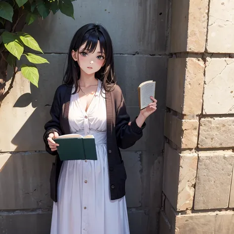 A beautuful woman standing and reading a book, she is leaning against wall. She is wearing long dress and short cardigan. Wearing a slipper.