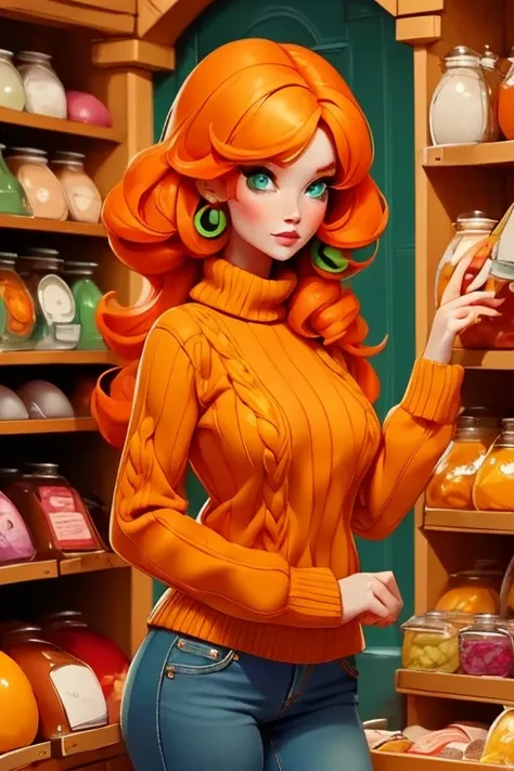 Perfect face. Perfect hands. An orange haired woman with green eyes and an hourglass figure in a cute sweater and jeans is shopping in the market