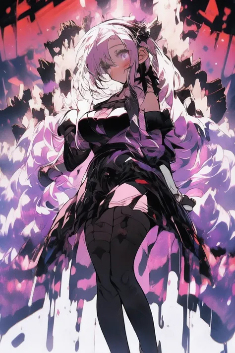 anime coloring,masterpiece,action,Salome, big body,big breasts,(((( best quality )))),,,,, hmsalome, drill hair, parted bangs, black hairband, ribbon, purple eyes, large breasts, tattoo, red dress, long sleeves, bare shoulders, black gloves