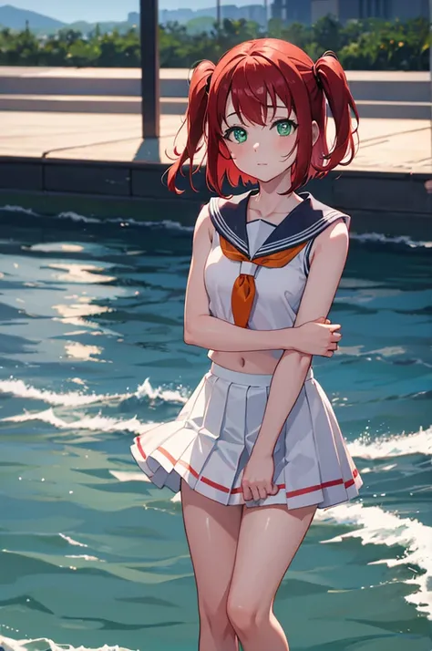 a cute girl,solo ,cosplay,ruby kurosawa, short hair, bangs, (green eyes:1.3), red hair, aqua eyes, two side up,shirt, school uniform, white shirt, serafuku, neckerchief, uranohoshi school uniform, orange neckerchief, sleeveless, skirt, pleated skirt, grey ...