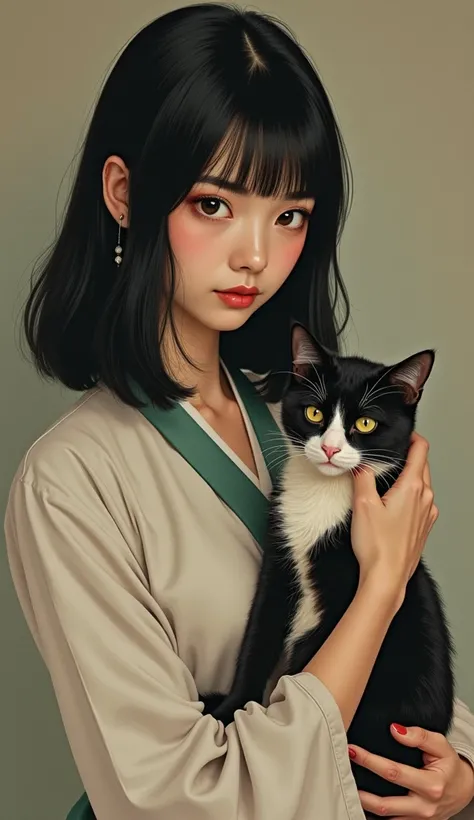 Asian woman with merciless eyes, and cat in arms, Asian woman in traditional long dress, black hair shoulder length, surreal illustration of animals, realistic hyper-detail portrait style, new Asia retro illustration style,  soft edges, dark romantic illus...