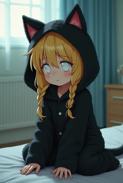  One girl ,  Grown Ups,Dark yellow hair,Hospital room, fuzzy costume pajamas, High Definition , masterpiece, accurate,  very detailed,  textured skin, reality, short hair ,, small breasts, braids,Should Poncho ,Fluffy,裏地がFluffy,big hood,Cat ears,Cat tail, ...