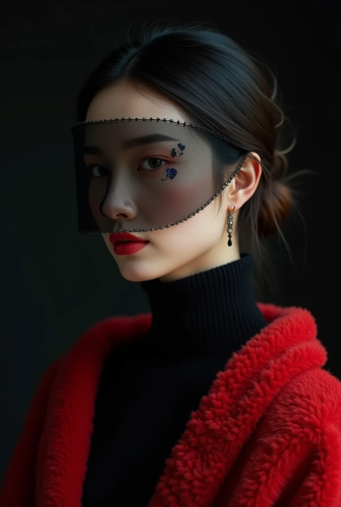  Classy人像，film，Close-up half-body， A Gentle Intellectual Beauty ，Tie your hair， Wearing a Black Turtleneck ， Red Plush Shawl ， Black Gauze Covering Her Face ， A Hazy Butterfly Decorates Her Hair，side，Smart， atmosphere under the stars， Classy， ambient light...