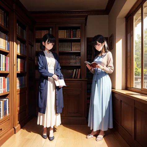 In library, a beautuful woman standing and reading a book, she is leaning against wall. She is wearing long dress and short cardigan. Wearing a slipper.