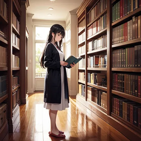 In library, a beautuful woman standing and reading a book, she is leaning against wall. She is wearing long dress and short cardigan. Wearing a slipper.