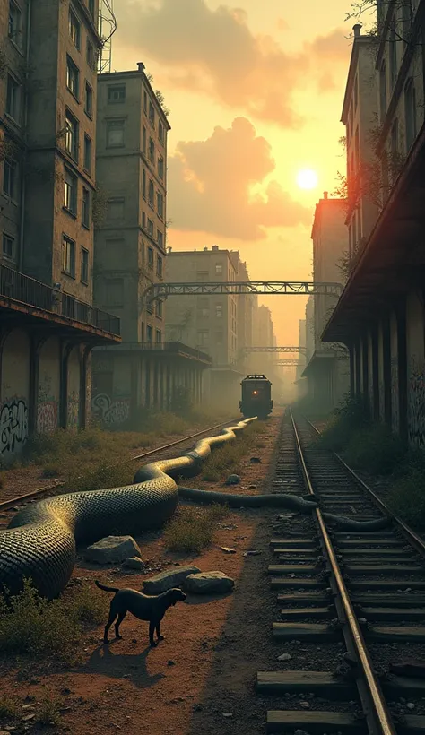 The railroad passes through an abandoned city ,  buildings where In ruins they are covered with graffiti and vegetation that insists on survive.  The giant snake camouflages itself perfectly with the decadent environment ,  its scales blending with the gra...