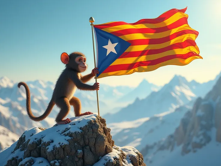 A monkey flutters a giant starry Catalan flag in the wind on top of a mountain