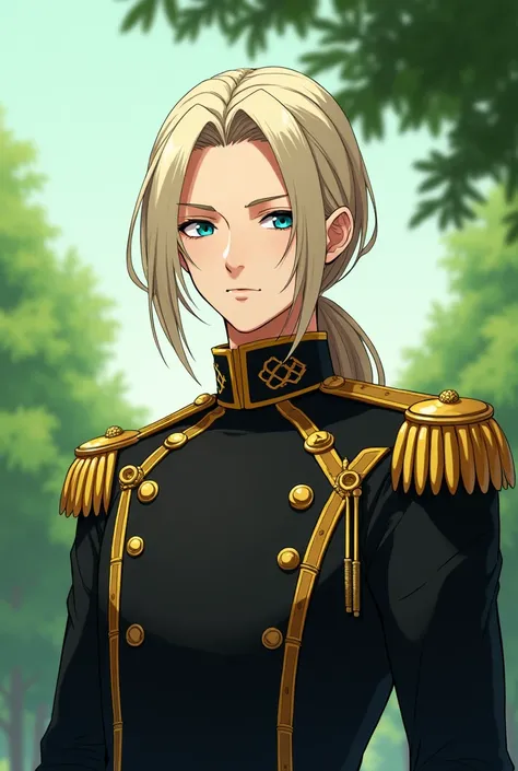  A young male model with long and smooth platinum blonde hair ,  gathered in a low ponytail .  He has intense blue eyes and a serious but elegant expression .  He wears a military uniform inspired by an imperial style ,  wearing a black high-neck jacket ad...