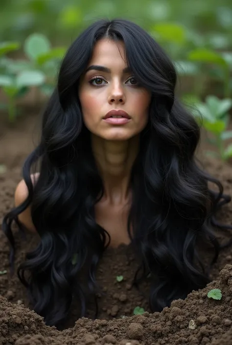 A piece of the head of a beautiful latina woman with very long hair is very bushy, neckless, buried standing in a garden with only her head visible , disekitarnya hanya ada tanah dan rumput, realistic face, realistic photo, widespread hair around the head,...