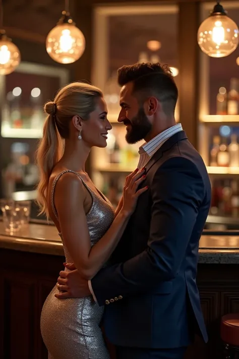 a couple,  looking at a bar of a sophisticated and luxurious restaurant at night,  blonde woman wearing shiny silver dress tied hair ,  man in white striped shirt and dark blue suit , muscular, barba, brown hair ultra HD 8k realistic modern image  