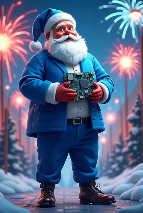  create a Santa, wearing clothes all blue , with professional IT clothing,  Pixar Disney style with fireworks, holding a motherboard