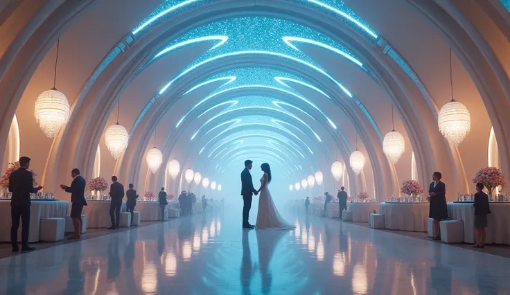 
A vast hyper-futuristic ballroom ,  with white curves and an enormous vaulted ceiling that projects a holographic projection of the stars .  Elegant passengers dance under chandeliers formed by floating lights that emit a faint and ethereal glow.  Jack an...