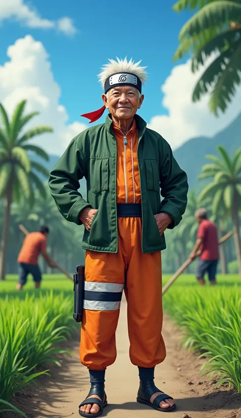 A photo of an Indonesian grandfather with white hair wearing a Naruto cosplay costume. He has a Konoha headband and is wearing ninja sandals. The grandfather is standing with his hands on his waist. In the background, there are two farmers working in the r...