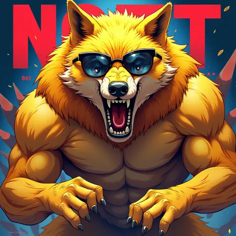 Make a cool, aggressive picture of a merenian wolf with golden fur, put on some graphic glasses. The picture is colorful. Put the big word “nottjoy 861” in the picture.