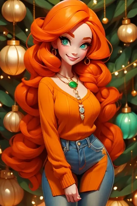 Perfect face. Perfect hands. An orange haired woman with green eyes and an hourglass figure in a cute sweater and jeans is decorating a tree with a smile