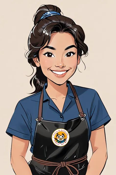  Cartoon drawing of dark brown taquero Smiling and saying Hello with Chinese hair, with navy blue shirt and black apron 