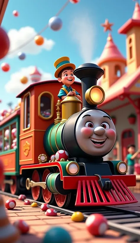  A train full of balls and candies arriving at the station, a cheerful  piloting the train  .  Disney Pixar style image