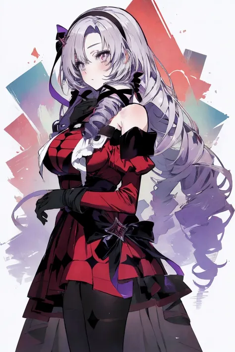 anime coloring,masterpiece,action,Salome, big body,big breasts,(((( best quality )))),,,,, hmsalome, drill hair, parted bangs, black hairband, ribbon, purple eyes, large breasts, tattoo, red dress, long sleeves, bare shoulders, black gloves