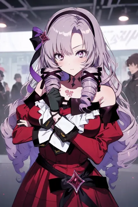 anime coloring,masterpiece,action,Salome, big body,big breasts,(((( best quality )))),,,,, hmsalome, drill hair, parted bangs, black hairband, ribbon, purple eyes, large breasts, tattoo, red dress, long sleeves, bare shoulders, black gloves