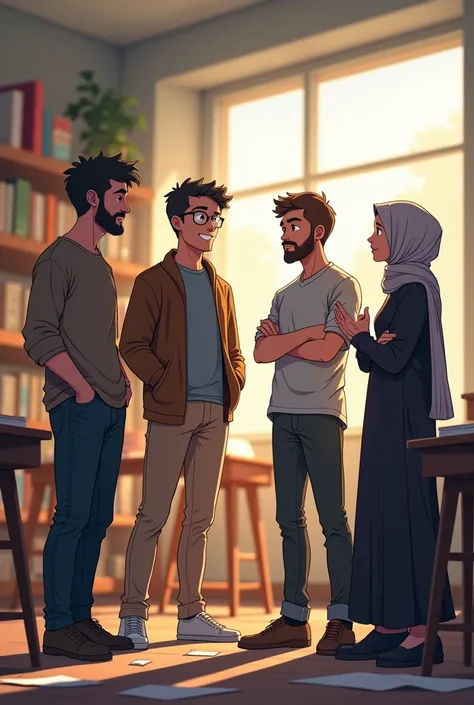 If want to like animated in canva (anime but not anime to much ) . I want engineering student discuss together . 3 Man and 2 women and women need to wear hijab . 