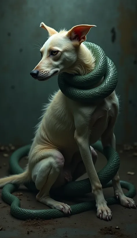  highlighting the dog ,  that seems fragile and dislocated amidst the dark scenery , With the snake wrapped around him. 