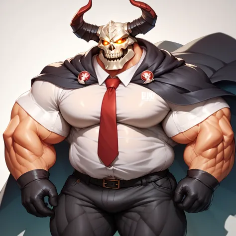 a massive man with a big giant tall wide musclegut body and big fat belly using black cape, white shirt, red tie, black glove, black pants, and skull helmet which cover everyface with horn on the both side. standing still, solo, very big, very tall, very w...