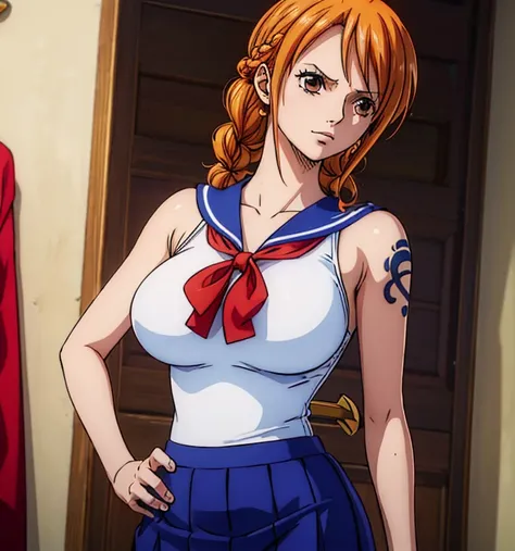 (masterpiece, top quality, 4K, 8k,     High Definition   , 最高masterpiece:1.2),   super detailed , (  realistic  , photo  realistic  , photo-  realistic  :1.37),    Maintaining Anime Style   ,   Nami in One Piece,  Light Orange Hair  , beautiful hairstyle ,...