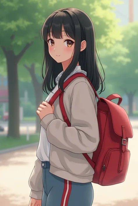 A cute 15-year-old Japanese girl wearing sportswear, black long hair, white delicate skin, celebrity face, ish face, cute wearing sportswear, carrying a red cute backpack, standing in the park, real, realistic