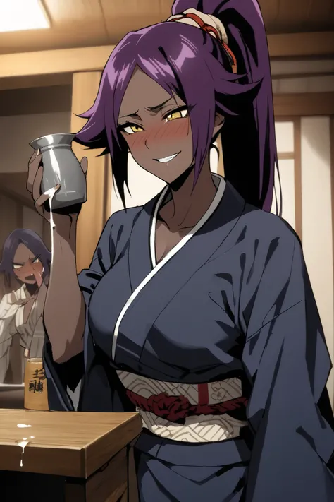 NSFW,masterpiece, top quality , High Definition , very detailed,Yoruichi Shihouin(BLEACH), long hair、 yellow eyes、 ponytail、Purple Hair、 dark skin 、 dark skin の女性, kimono,yukata,hostel,Japanese-style room, drunk,Alcohol, Japanese sake ,Bad Smile,blush