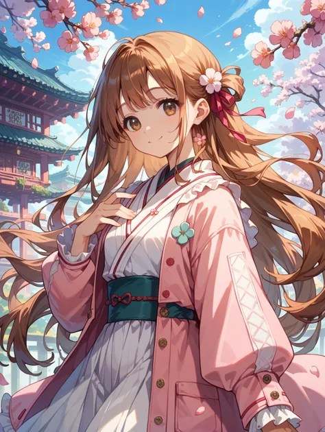  anime very long brown hair, beautifully pink suit ,Sakura ,a lot of bows, and with a cute dog , white spitz , brown eye , has a lot of nature , lots of sakura petals , beautiful smile ,