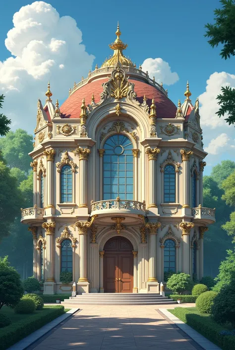  A logistics building with special abilities, magic and powers ,  exterior of baroque anime-style architecture ,  in a day .  No people or living beings in the image  