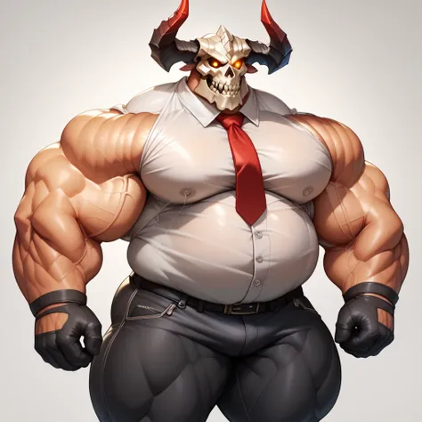 a massive man with a big giant tall wide musclegut body and big fat belly using white shirt, red tie, black glove, black pants, and skull helmet which cover everyface with horn on the both side. standing still, solo, very big, very tall, very wide, very mu...