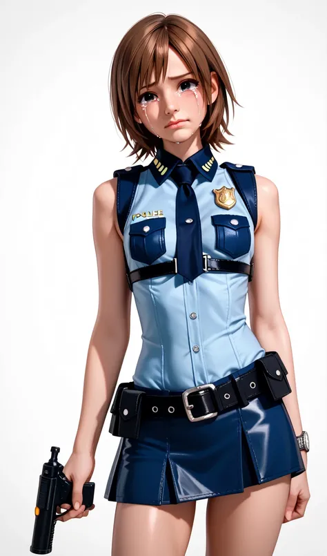  One girl , Kairi from Kingdom Hearts,  Watch viewers(Blushed face:1.0),real skin ,small breasts,  shiny hair ,  Super Detailed Black Eyes,( Equipped Police Belt :1.2),( watch ),( shot from the front:1.2),24K,(Standing in a sexy pose:1.2),(Drunk:1.0),(Cryi...