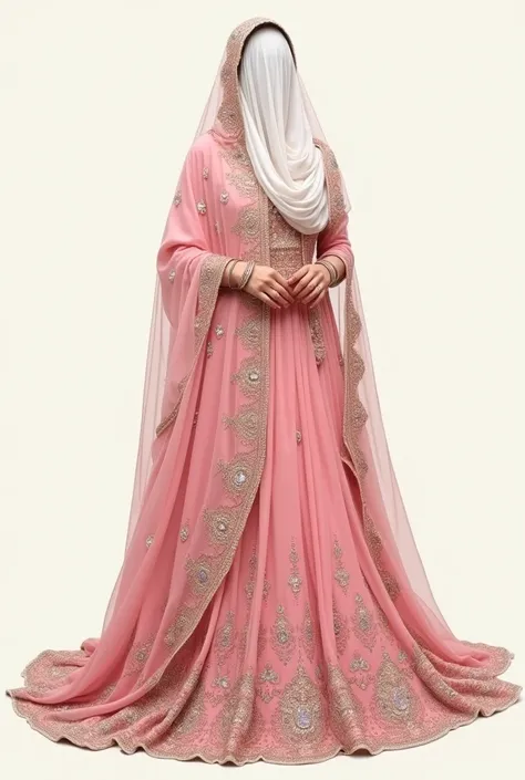 Digital Illustration hand drawn pic of A Pakistani bride wearing pink gorgeous heavy stone work net sari with white veil having no eyes nose lips . Also posing in a standing position 