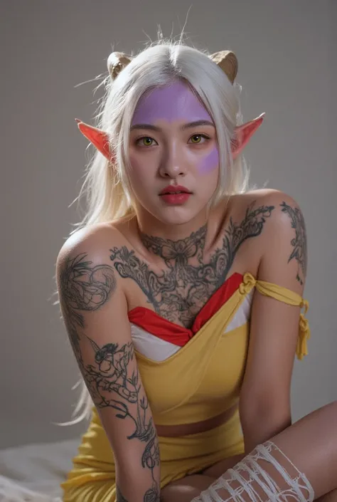 medium breasts, (curvy), cute, eyelashes, league of legend Soraka,  purple skin, white hair, long low-tied hair, sidelocks, yellow eyes, pointy ears, single horn, full-body tattoo, bare shoulder, yellow jewel, red cropped top, yellow dress, armlet, bandage...