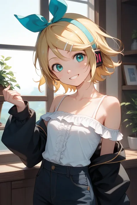 kagamine rin(vocaloid)
masterpiece, beautiful, a girl, delightful, cheerful grin, 口を開ける, standing, looking at viewer, short hair, blonde, aqua eyes, big eyes, petite, slim, blouse, off shoulder, pants, hair ribbon, inside, in the room, with a window, cute,...