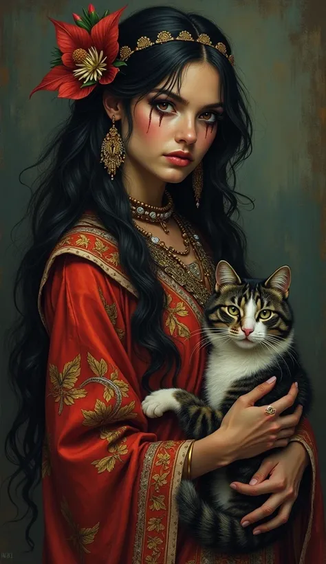 North American woman with unforgiving eyes, and cat in arms, North American woman in traditional dress, surreal animal illustration, black paint, rich layers, realistic fugurative painting, realistic hyper-detailed portrait style, new North America retro i...