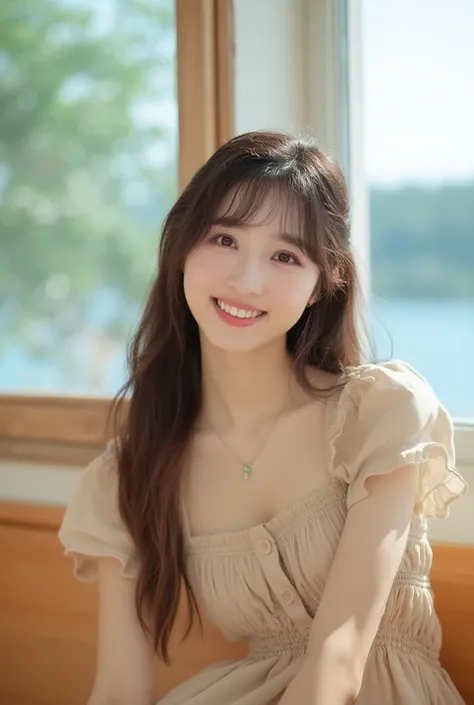 A charming and picturesque portrayal of an cute young East-Asian woman with bangs,long, flowing brown hair and bright, captivating eyes. She sits casually on a wooden bench by a large window overlooking a serene lakeside view under a bright, clear sky. Her...