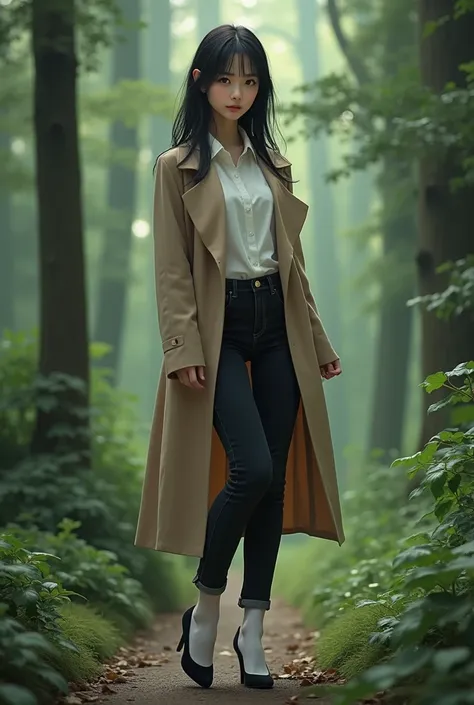 A beautiful hot japanese girl wearing coat with tight long black jeans with black heels with white socks.in standing position in forest the ending of socks is not be visible.