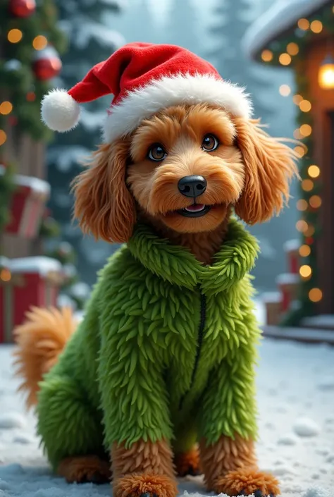 Create a ginger Golden Doodle dressed as the Grinch for Christmas 