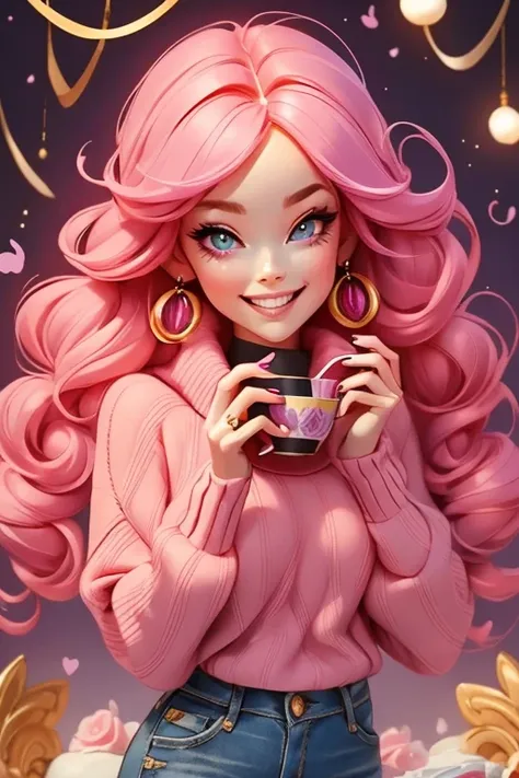 Perfect face. Perfect hands. A pink haired woman with violet eyes and an hourglass figure in a cute sweater and jeans is sipping hot chocolate with a big smile