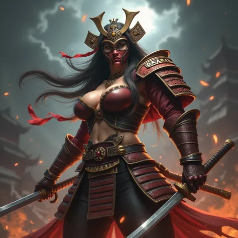 hyper-realistic A woman with huge breast cosplaying as Juggernaut from Dota 2, wearing a detailed samurai-style armor with brown and red accents, a menacing ancient samurai-like mask, and wielding a katana. He stands in a dynamic battle pose, surrounded by...