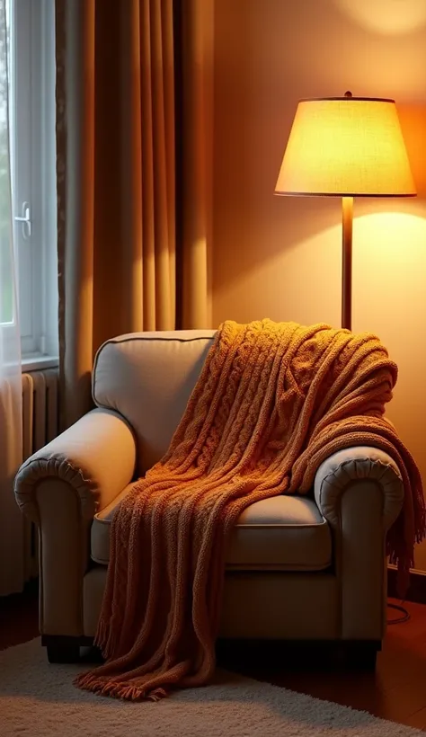 A cozy bedroom corner with a knitted throw draped over an armchair, a floor lamp casting a warm golden glow.