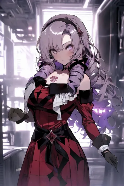 anime coloring,masterpiece,action,Salome, big body,big breasts,(((( best quality )))),, midjourney,,, hmsalome, drill hair, parted bangs, black hairband, ribbon, purple eyes, large breasts, tattoo, red dress, long sleeves, bare shoulders, black gloves