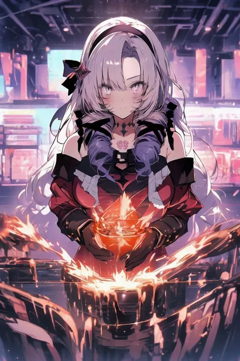 anime coloring,masterpiece,action,Salome, big body,big breasts,(((( best quality )))),, midjourney,,, hmsalome, drill hair, parted bangs, black hairband, ribbon, purple eyes, large breasts, tattoo, red dress, long sleeves, bare shoulders, black gloves