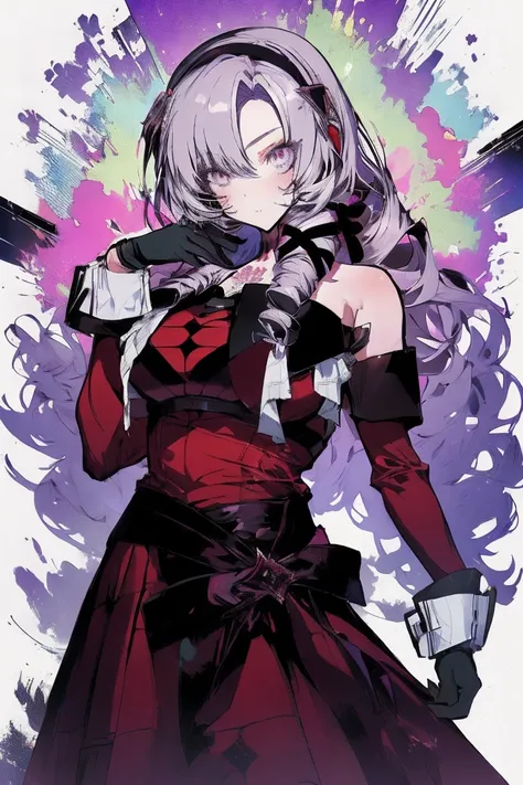 anime coloring,masterpiece,action,Salome, big body,big breasts,(((( best quality )))),, midjourney,,, hmsalome, drill hair, parted bangs, black hairband, ribbon, purple eyes, large breasts, tattoo, red dress, long sleeves, bare shoulders, black gloves