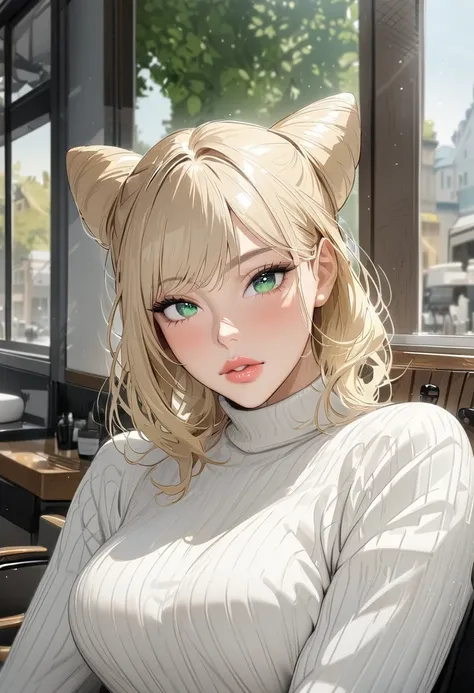 (masterpiece), best quality, expressive eyes, perfect face,1 mature woman,  upper body,  tight jeans, blonde hair, (green eyes)1.3, (white sweater)1.2, turtleneck,, beautiful scenery, slight blush,(glossy lips)1.1, (beautiful eyes)1.1, closed mouth, sittin...